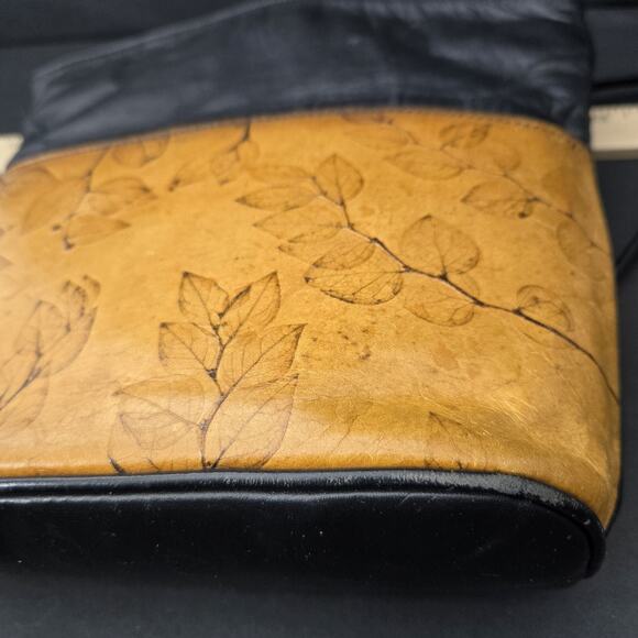 C.L. Whiting Collection Leather Crossbody Satchel Leaf Design Black& Camel Color - Picture 6 of 16